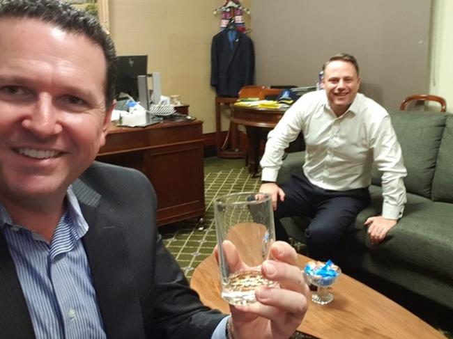 Malcolm Cole (left), LNP political campaigner and part owner of lobbying firm SAS, celebrating the LNP's win on election night in March with Brisbane Lord mayor Adrian Schrinner.  Facebook message from LNP Brisbane councillor Sarah Hutton.