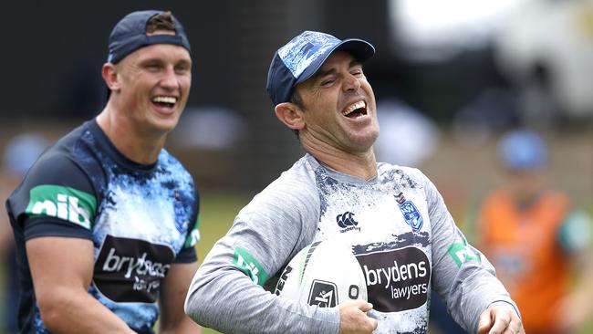 NSW coach Brad Fittler and Jack Wighton Central Coast ahead of State of Origin Game 2 in Sydney on Wednesday. Picture. Phil Hillyard