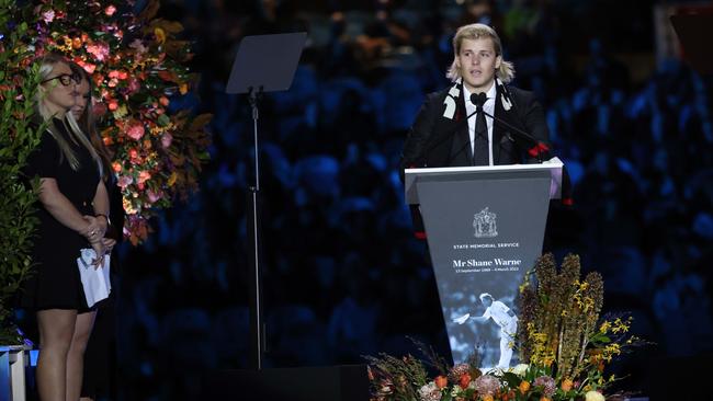 Jackson Warne gave an emotional speech at his father’s state funeral at the MCG. Picture : NCA NewsWire / Ian Currie