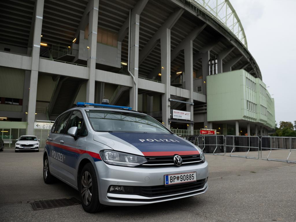 Police outside Ernst-Happel-Stadion in Vienna, Austria, after officers foiled the suspected attack on the venue. Picture: Getty Images