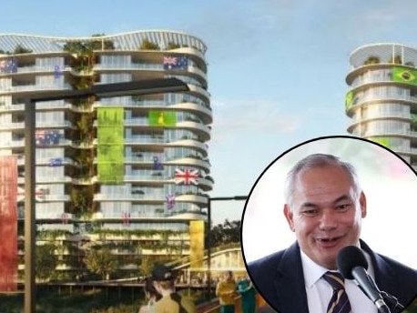 Gold Coast Mayor Tom Tate inset on Robina Athlete village