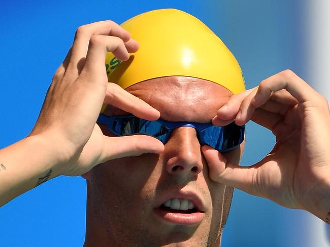 GOLD COAST, AUSTRALIA - APRIL 07:  Kyle Chalmers of Australia prepares ahead of the Men's 100m Freestyle - Heat 8 on day three of the Gold Coast 2018 Commonwealth Games at Optus Aquatic Centre on April 7, 2018 on the Gold Coast, Australia.  (Photo by Quinn Rooney/Getty Images)