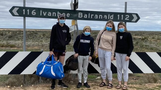 Liam Butler, Ollie Fitzgerald, Skye Fitzgerald and Larah Butler from Balranald Shire remote properties in NSW. The students are luckily in the cross border bubble with Victoria so when lockdown ends they should be able to return to boarding school without quarantine. Picture: Supplied