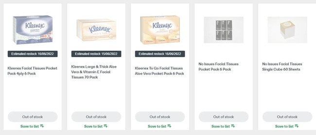 Tissues out of stock at Woolworths' website. Picture: Supplied