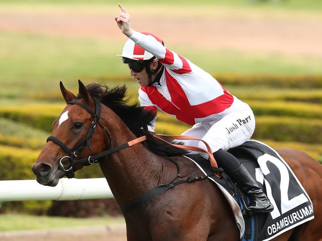 SYDNEY, AUSTRALIA - NOVEMBER 04: Joshua Parr riding Obamburumai wins Race 8 James Squire Golden Eagle during Sydney Racing at Rosehill Gardens on November 04, 2023 in Sydney, Australia. (Photo by Jason McCawley/Getty Images)