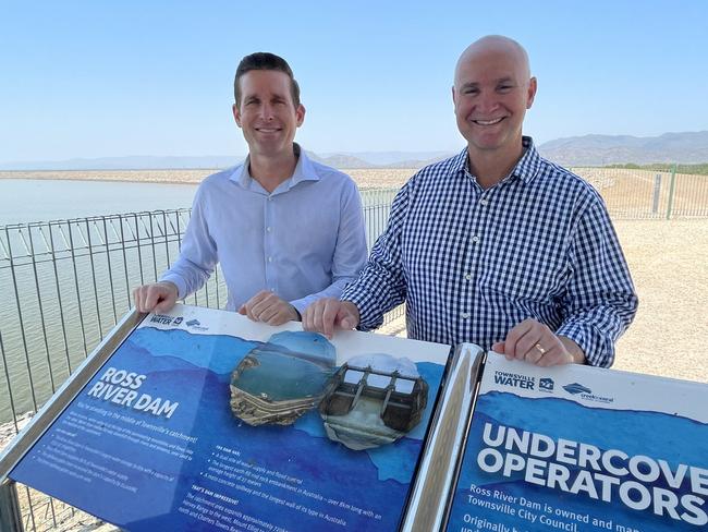 Councillor Kurt Rehbein and Water Minister Glenn Butcher at Ross River Dam celebrate pipes going into the ground for the Haughton Pipeline Stage 2. Picture: Supplied.