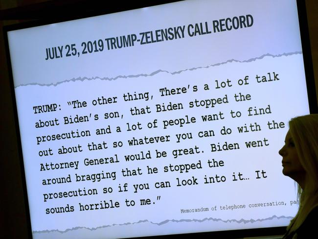 A transcript of a phone call between Donald Trump and Ukrainian President Volodymyr Zelensky is shown during the impeachment inquiry. Picture: Getty Images