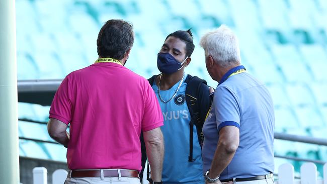 Mohammed Siraj of India speaks with Cricket Australia staff after day three of the 3rd Test match in the series between Australia and India at Sydney Cricket Ground today. Picture: Ryan Pierse/Getty Images