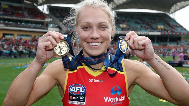 Erin Phillips celebrates her premiership with the Crows. Picture: Getty Images 