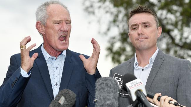 One Nation pair Steve Dickson, left, and James Ashby field questions during a press conference in Brisbane yesterday. Picture: AAP