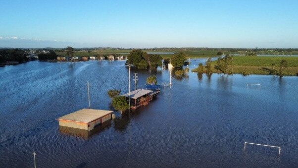 Aerial shot of the home field for Woodburn Wolves FC during the 2022 floods. Photo: Football Far North Coast.