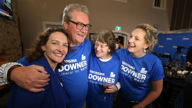 Georgina Downer with her father Alexander, mother Nicky and sister at the Barker Hotel on by-election day last month. AAP Image/Kelly Barnes