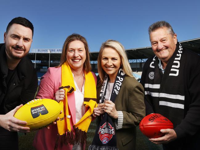 Mitch McPherson MC of the event from Speak Up Stay ChatTY with Jackie Fleischmann, Michele (Michele) Percey, Ross Burridge who are part of the organising committee.  The AFL Grand Final Ladies Lunch is back for 2024 at Blundstone Arena to raise funds for Speak Up! Stay ChatTY.  Picture: Nikki Davis-Jones