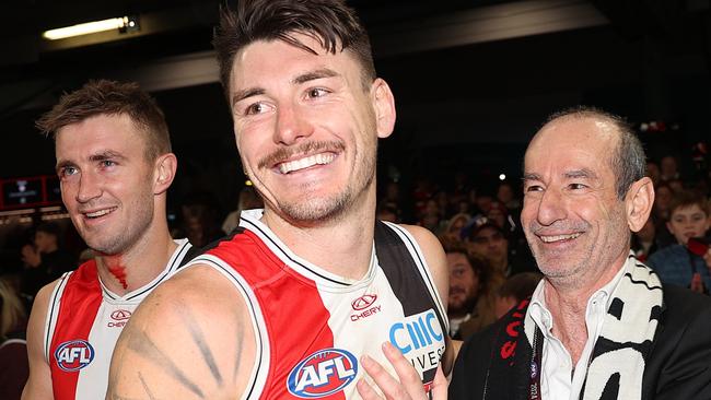 MELBOURNE, AUSTRALIA - JULY 07: Andrew Bassat, President of St Kilda Football Club celebrates with Josh Battle of the Saints during the round 17 AFL match between St Kilda Saints and Sydney Swans at Marvel Stadium, on July 07, 2024, in Melbourne, Australia. (Photo by Kelly Defina/Getty Images)