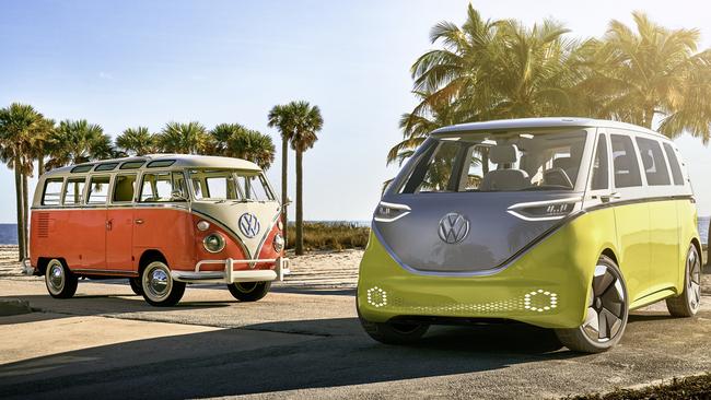 An original VW Camper van and the I.D. Buzz concept car