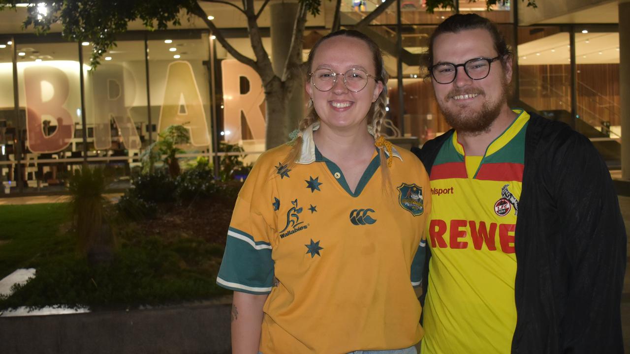 Naomi McKenzie and Justin Horsey watching the Matildas vs England semi-final clash in Ipswich. Photos by Georgie Walker.