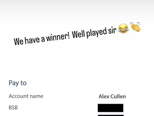 Adrian Portelli posted a screen shot to his social media showing he deposited the money into Cullen’s bank account. Picture: Supplied/Instagram