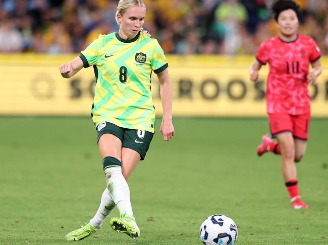 Matildas’ Kaitlyn Torpey passes the ball during the International Friendly against Korea Republic. Picture: Cameron Spencer/Getty Images