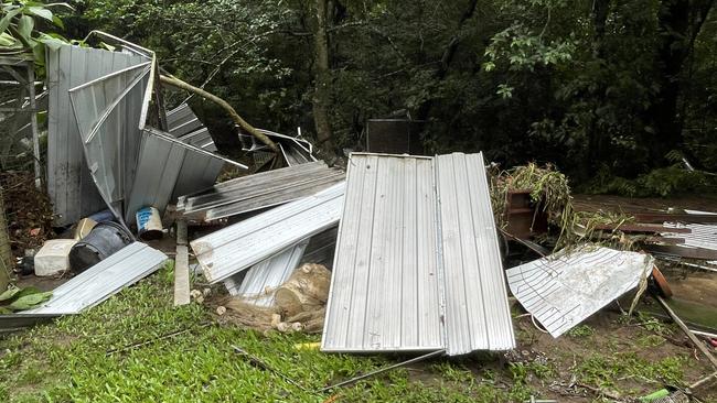 A shed that was destroyed by floodwaters at a Samford property. Picture: Iwan Jones