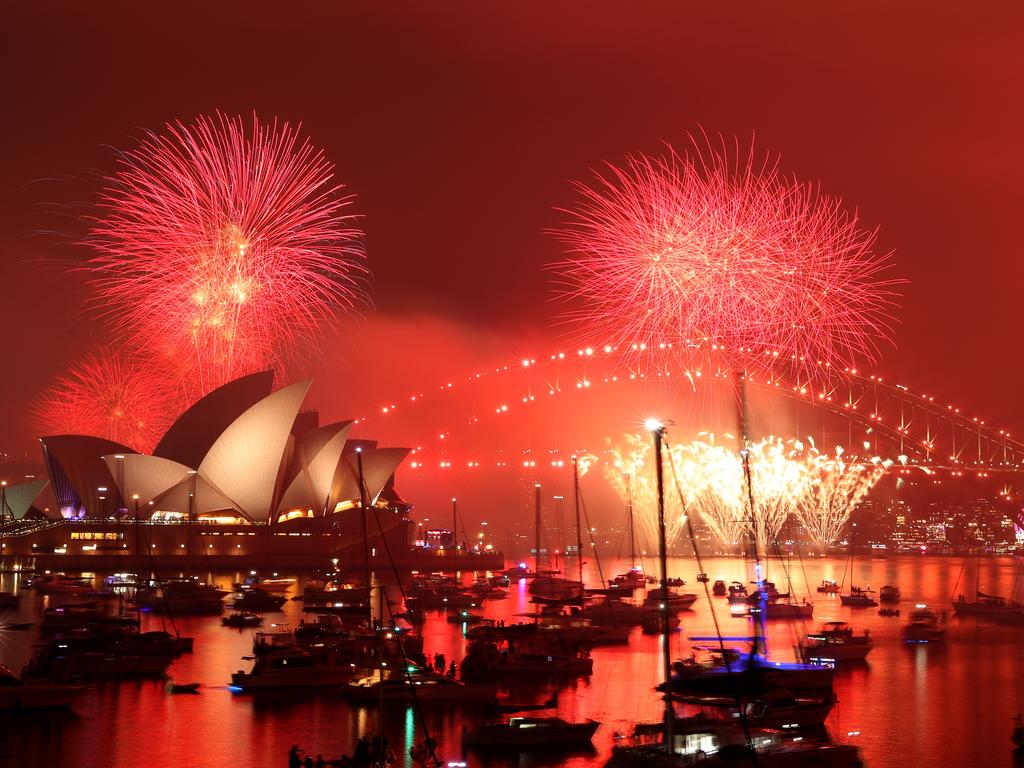 New Year's Eve 9pm fireworks over Sydney Harbour as seen from Mrs Macquarie's Chair. Picture: Jonathan Ng