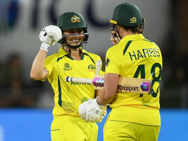 GQEBERHA, SOUTH AFRICA - FEBRUARY 18: Ashleigh Gardner and Grace Harris of Australia celebrate following the ICC Women's T20 World Cup group A match between South Africa and Australia at St George's Park on February 18, 2023 in Gqeberha, South Africa. (Photo by Mike Hewitt/Getty Images)