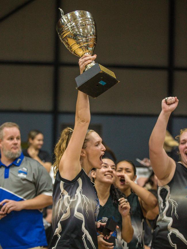 Lightning captain Clare Marie O’Bryan holds aloft the 2020 Women’s DBA Championship trophy after her team’s 94-66 win over Tracy Village in last night’s final. Picture: Glenn Campbell