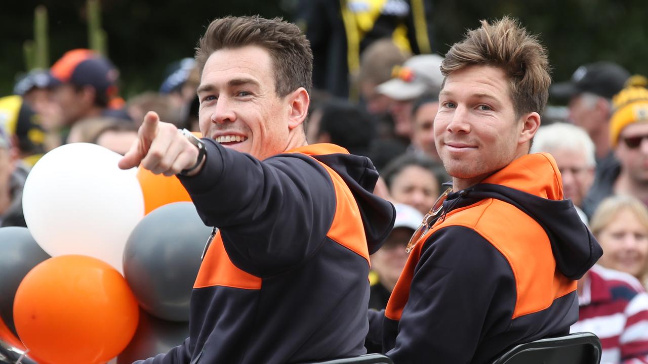 Green and former teammate Jeremy Cameron at the grand final parade. Picture: David Crosling