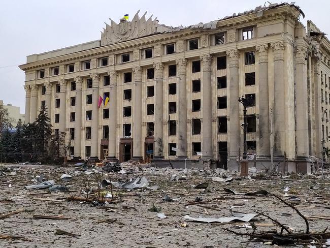 A view of the damaged headquarters of the Kharkiv administration hit by shelling in Kharkiv. Picture: AFP