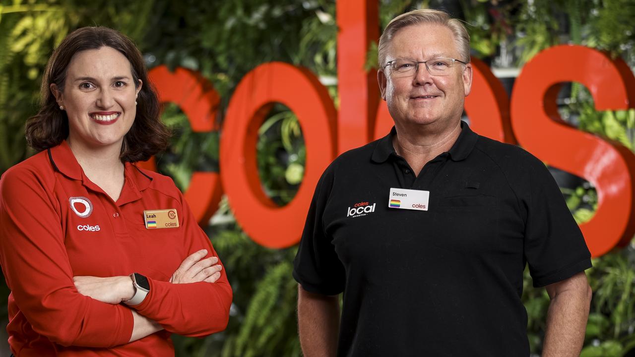 Former Coles CEO Steven Cain with new CEO Leah Weckert. The supermarket is a better business since listing. Picture: Martin Keep