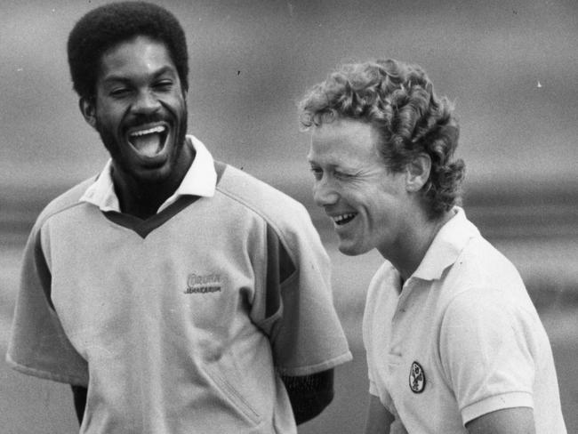 West Indies fast bowler Michael Holding with former Australian captain Kim Hughes.