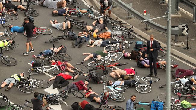 The controversial "die-in" cyclist protest, which led to a complaint against Cr Sri. Picture: Liam Kidston