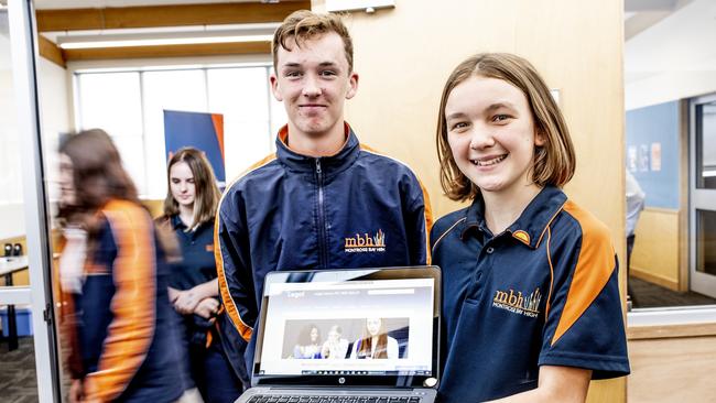 Students from Montrose Bay High School Amber Lockley 14 and Caleb Bennett 14 are involved with the launch of 'Being Cyber Safe' in relation to online issues facing young people. Picture Eddie Safarik