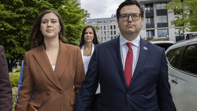 Brittany Higgins with her mother Kelly Higgins (back) and partner David Sharaz during the trial. Picture: NCA NewsWire / Gary Ramage