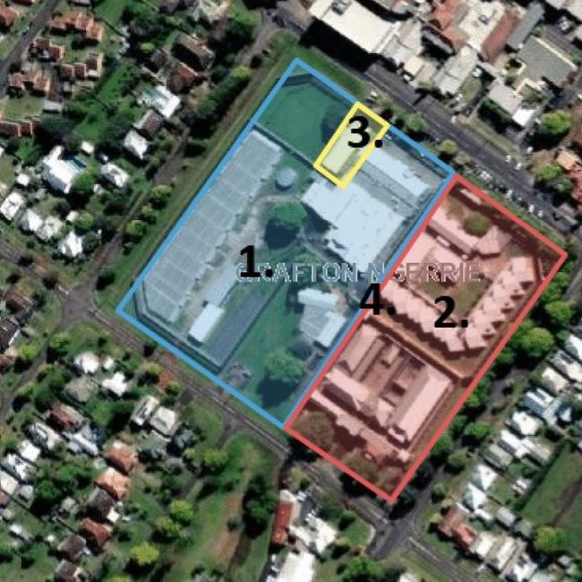 Outline of sections of the Grafton Jail redistribution: 1. (Blue) Transfers to GNLALC 2. (Red) Transfers to Government 3. (Yellow) Transfers to GNLALC with long-term lease back commitment 4. Easement for access