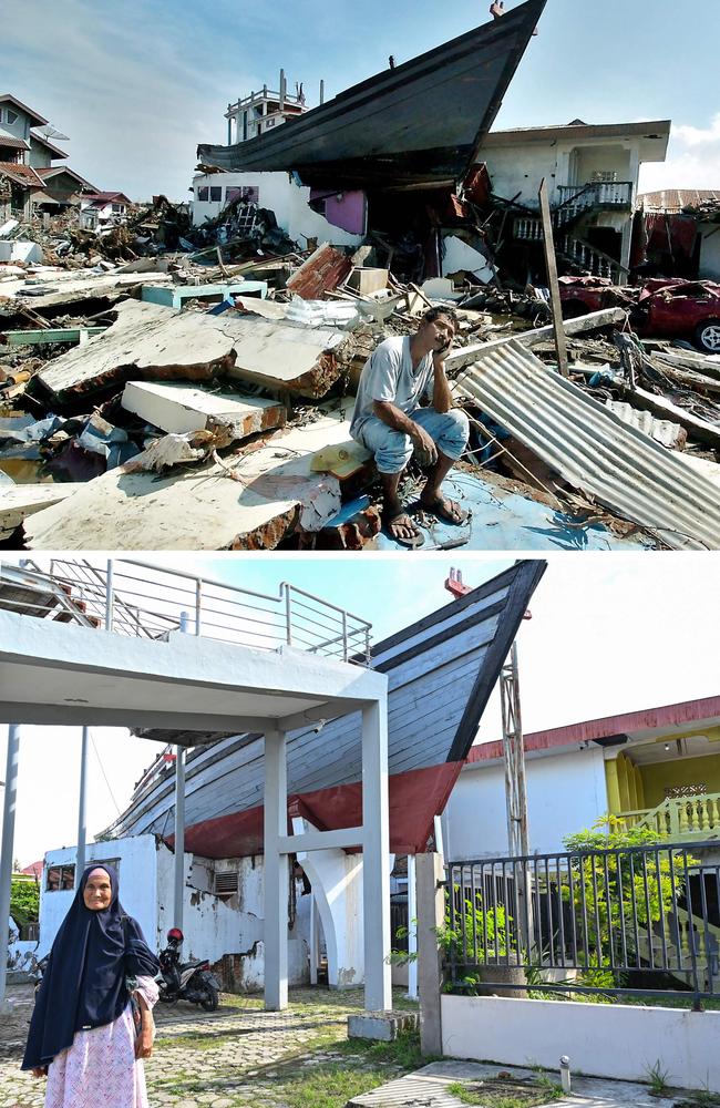 Images show tsunami survivor Wak Kolak in front of a boat on a rooftop in Banda Aceh a man sitting in front of a boat swept onto the roof of a building in 2004 and the same view 20 years later. Picture: AFP