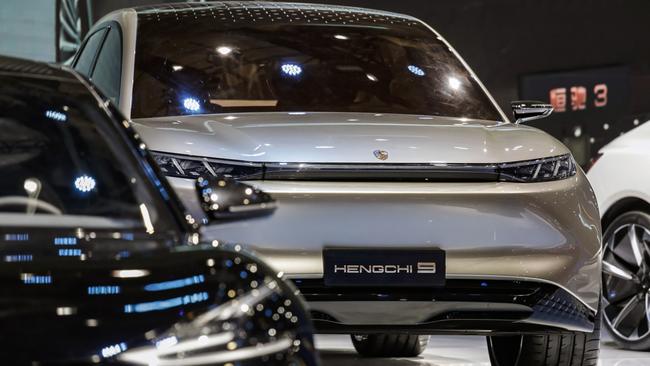 Shares in Evergrande Auto are down 94 per cent. Above, Evergrande Auto’s Hengchi 9 electric vehicle at the Auto Shanghai 2021 show in Shanghai. Picture: Bloomberg