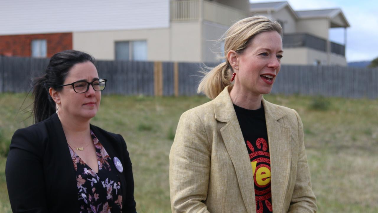 Labor MP Ella Haddad and party leader Rebecca White speak to the media at Bridgewater on Monday, October 9, 2023.