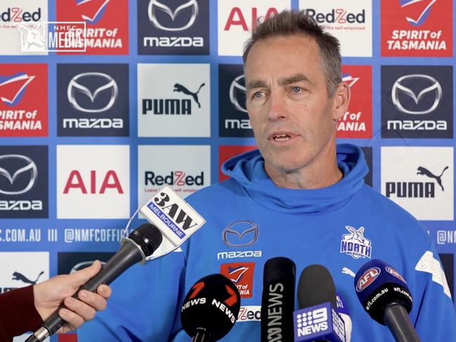 North Melbourne coach Alistair Clarkson talking at a press conference today. Pic: North Melbourne FC