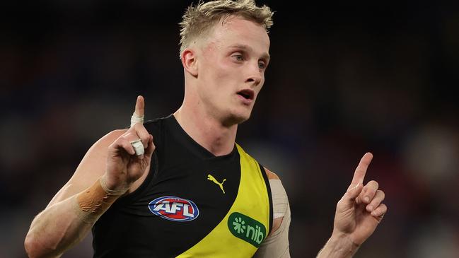 MELBOURNE, AUSTRALIA - AUGUST 04: Noah Cumberland of the Tigers celebrates after scoring a goal during the round 21 AFL match between Western Bulldogs and Richmond Tigers at Marvel Stadium, on August 04, 2023, in Melbourne, Australia. (Photo by Robert Cianflone/Getty Images)