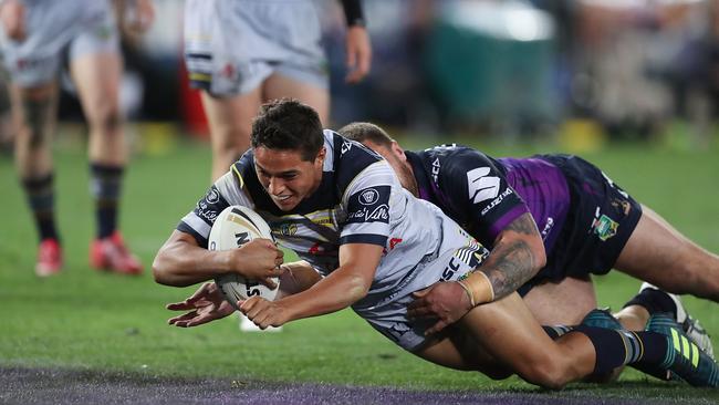 Te Maire Martin of the Cowboys scores a try during the 2017 NRL Grand Final match between the Melbourne Storm and the North Queensland Cowboys. Photo: Getty Images