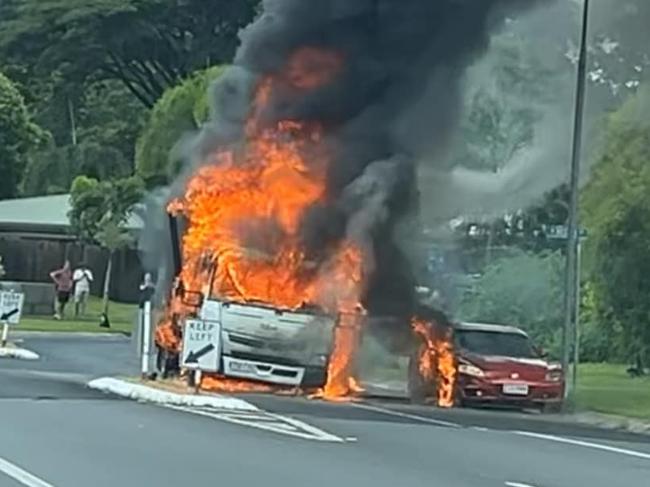 A Coles delivery truck has burst into flames on a suburban street in Cairns, forcing traffic to be diverted by police.