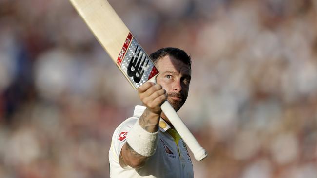 Matthew Wade raises his bat as he leaves the ground after being dismissed for 117. Picture: Getty Images