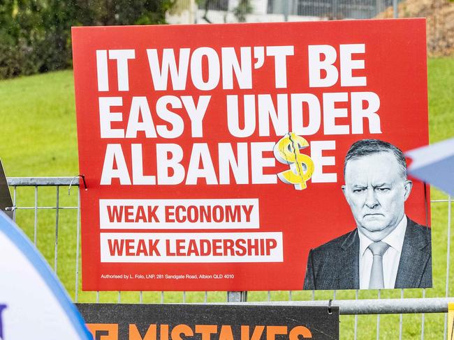 'It Won't Be Easy Under Albanese' election poster at pre-polling for the Federal Election at Chermside Kedron Community Church, Monday, May 9, 2022 - Picture: Richard Walker