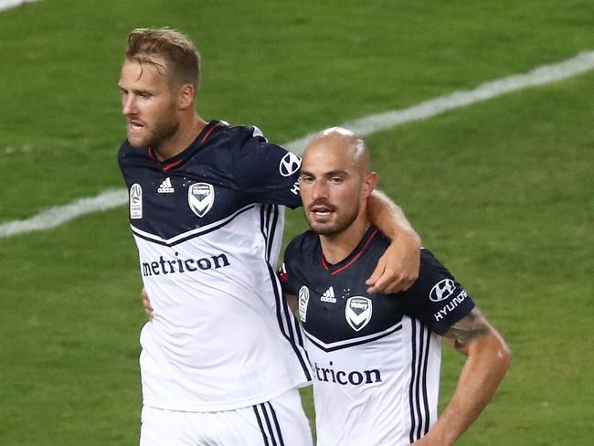 Ola Toivonen of the Victory celebrates with team mate James Troisi after scoring a goal during the Round 11 A-League match between the Western Sydney Wanderers and the Melbourne Victory at ANZ Stadium in Sydney, Saturday, January 5, 2019. (AAP Image/Brendon Thorne) NO ARCHIVING, EDITORIAL USE ONLY