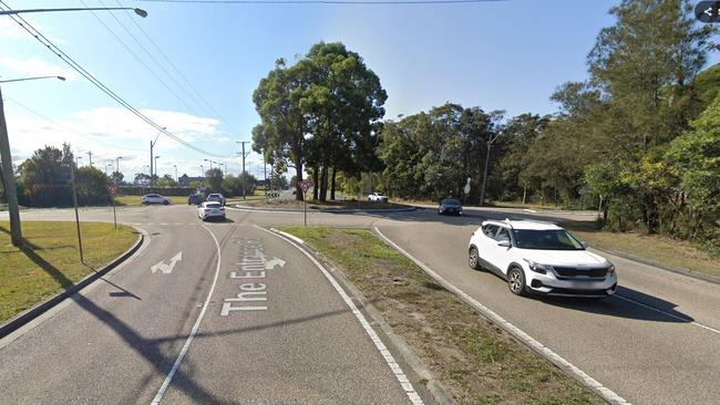 Wynen crossed over the grass median strip as she approached roundabout at the intersection of Central Coast Highway and Eastern Rd, Bateau Bay. Picture: Google Maps