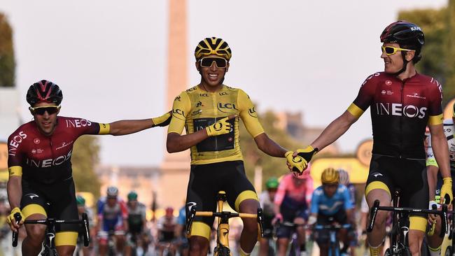 Colombia's Egan Bernal (C) celebrates his TdF victory last year. Picture: Anne-Christine Poujoulat/AFP