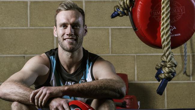 Squeezed out of the new-look Port Adelaide defence this year, Jack Hombsch could play a major role at Gold Coast with the Suns showing interest in the 25-year-old Power play ahead of next week’s AFL trade period. Picture: Sarah Reed