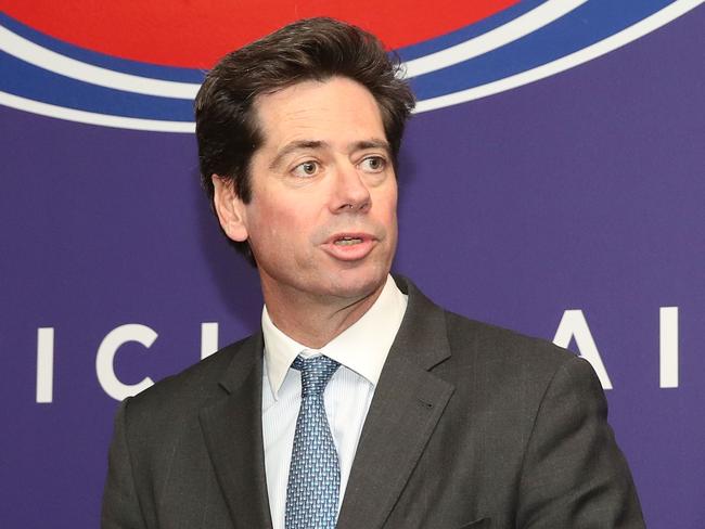 MELBOURNE, VICTORIA - SEPTEMBER 20:  AFL Chief Executive Officer Gillon McLachlan speaks before unveiling the first ever large-scale murals showing eight of this yearÃ•s Finals Series players during the Virgin Australia AFL Finals Mural unveiling at Melbourne Airport, Melbourne on September 20, 2018 in Melbourne, Australia.  (Photo by Scott Barbour/AFL Media/Getty Images)