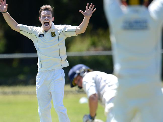 MPCA Provincial  Mt Eliza v Rye.Mt Eliza's bowler Rob Maskiell appeals a potential wicket.