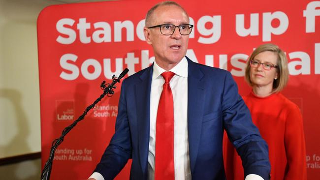 Labor Premier Jay Weatherill concedes defeat to Liberal Leader Steven Marshall to the party faithful in Adelaide. AAP Image/David Mariuz